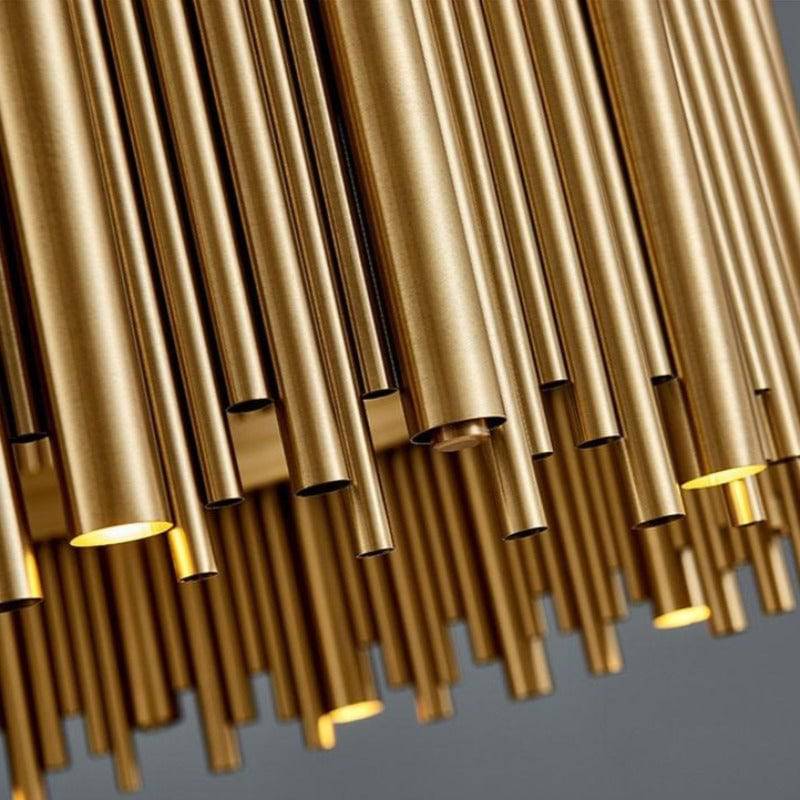 Detail of the Vigo gold dining chandelier's polished stainless steel rods and warm LED tips, from Morsale.com.