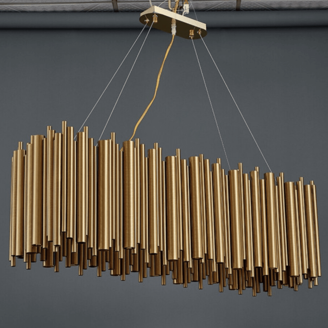 Full view of the Vigo 40-inch gold rectangular dining chandelier by Morsale.com, modern polished stainless steel.
