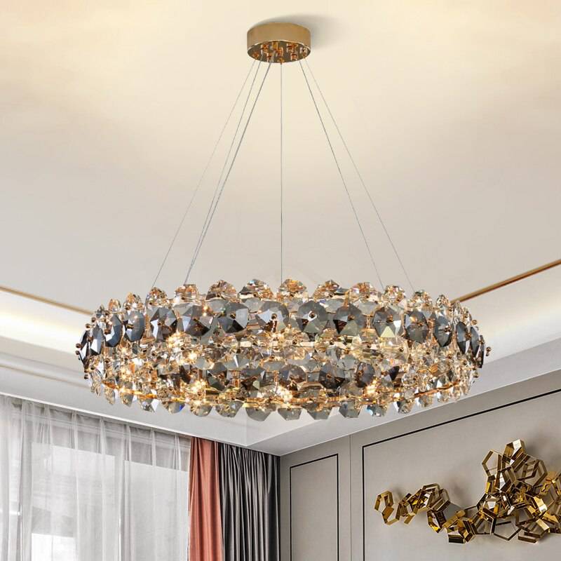 The Monte crystal wheel chandelier from Morsale.com casting jewel-like light, smoke grey and clear crystal on stainless steel.
