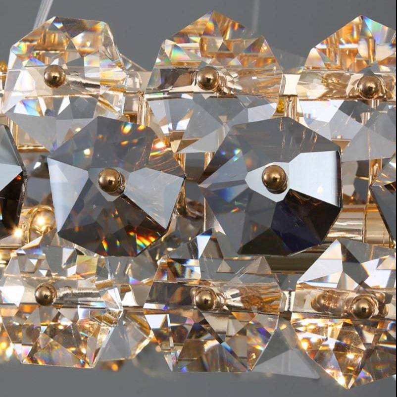 Detail of smoke grey and clear K9 crystal on the Monte chandelier's polished steel frame, from Morsale.com.