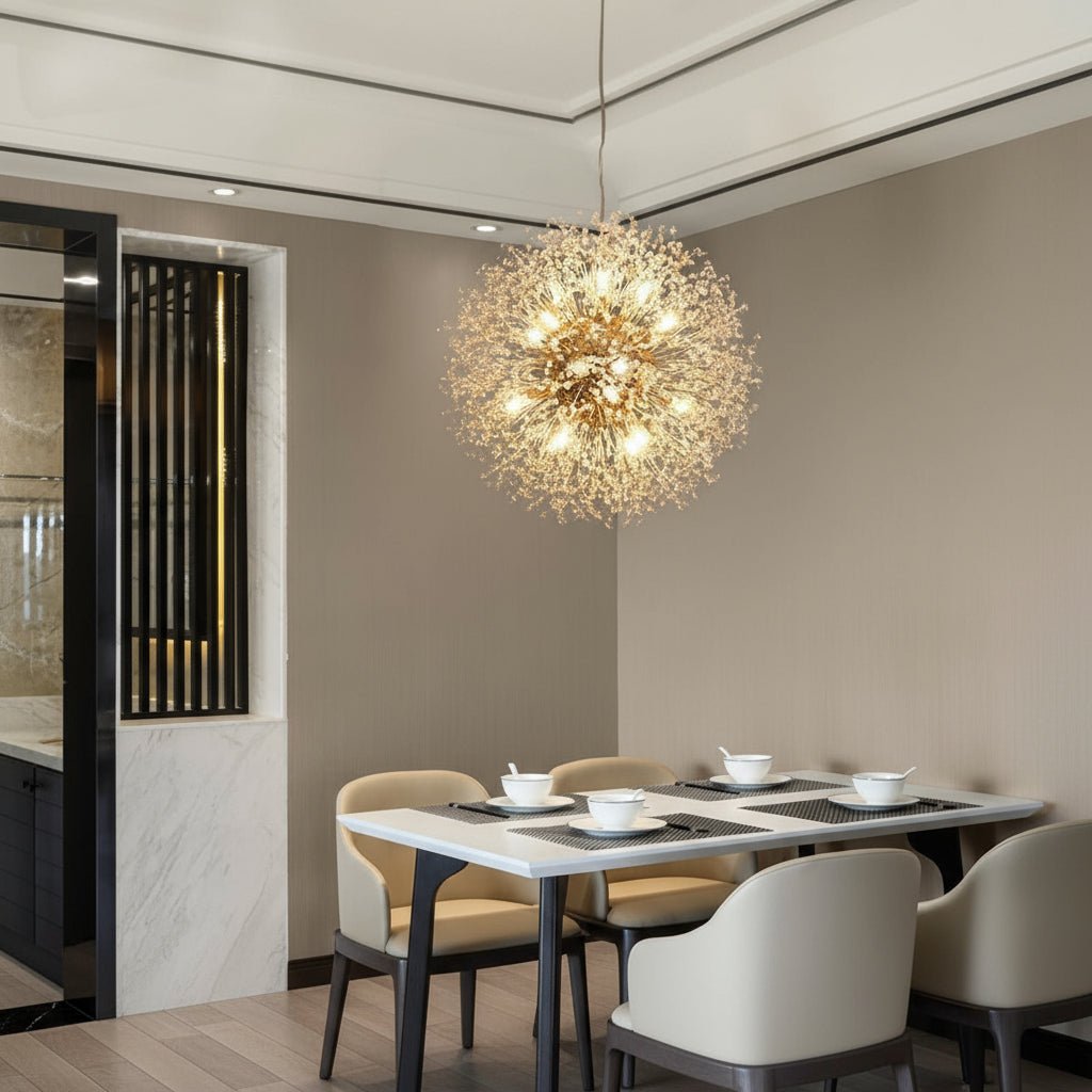 Dandelion crystal globe chandelier illuminated over a dining table