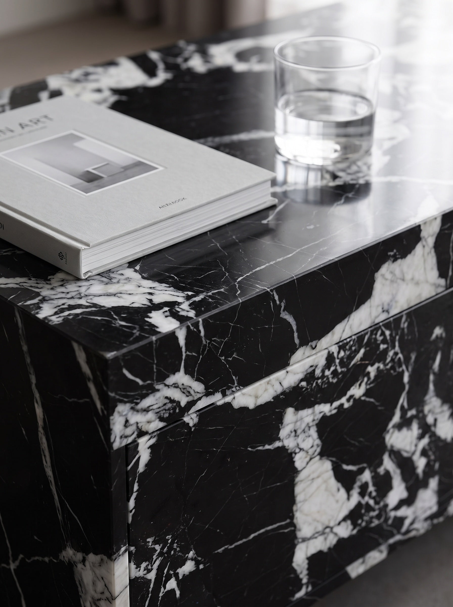 Sculptural Grand Antique Marble Plinth Coffee Table with Built-In Storage Drawer