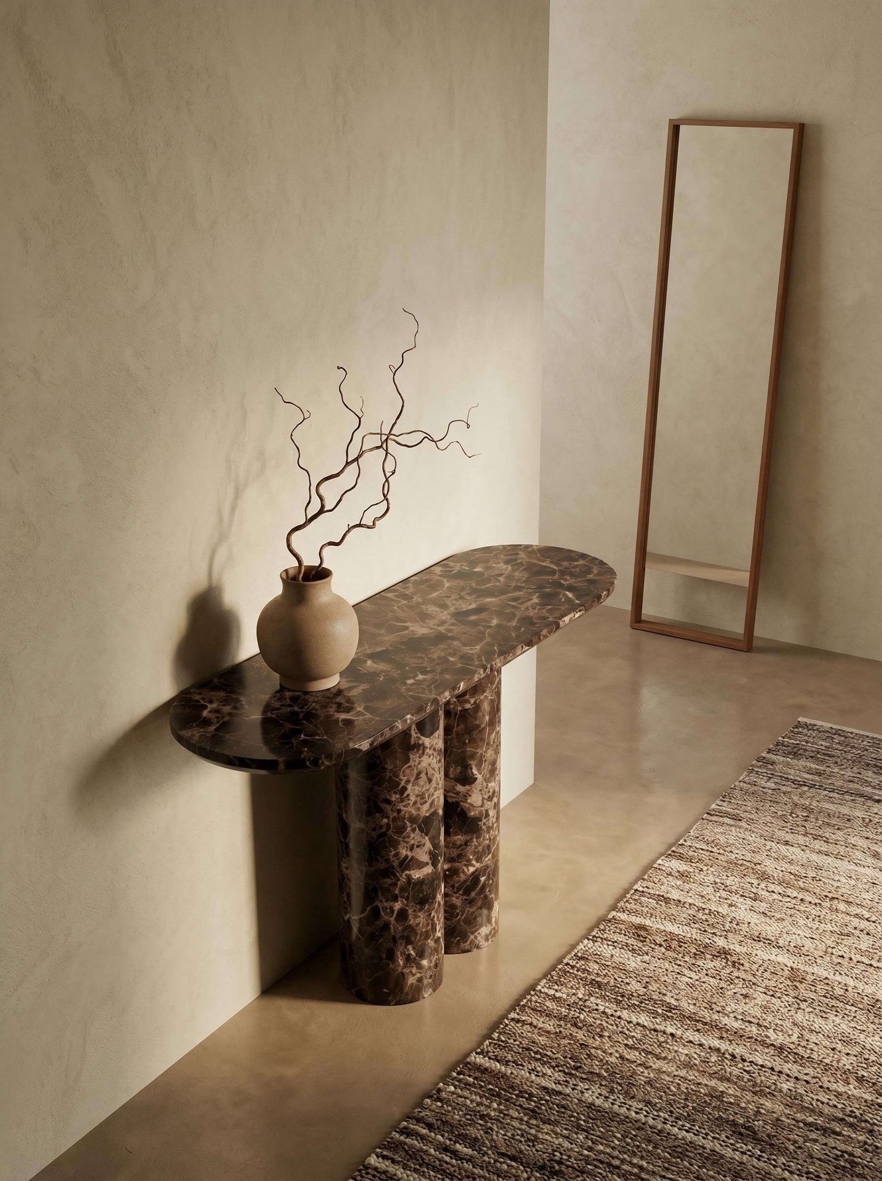 Luxury Emperador Marble Console Table with Oval Shape Top and Double Cylinder Legs