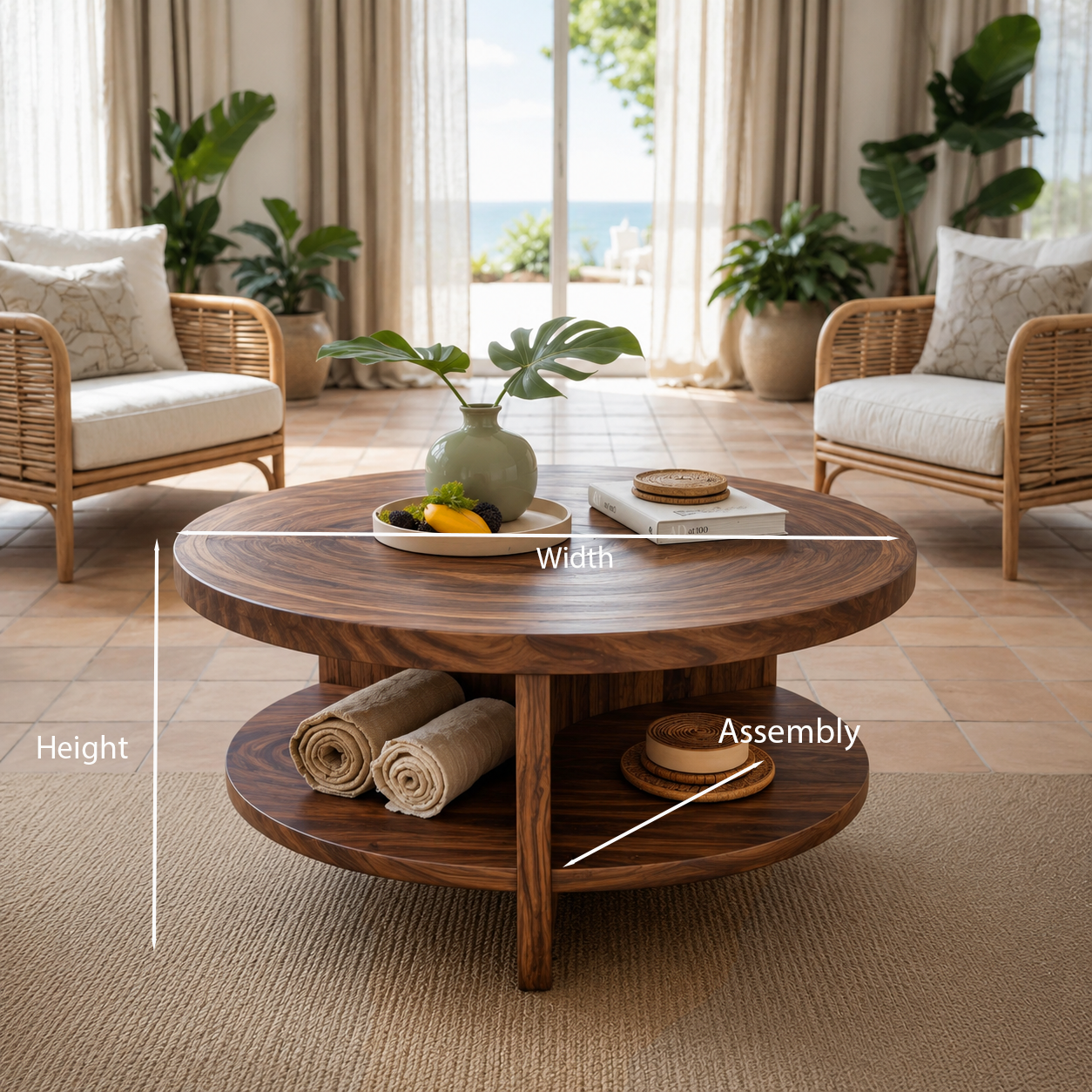 Tropical Round Coffee Table With Shelf For Coastal Living Room And Lounge
