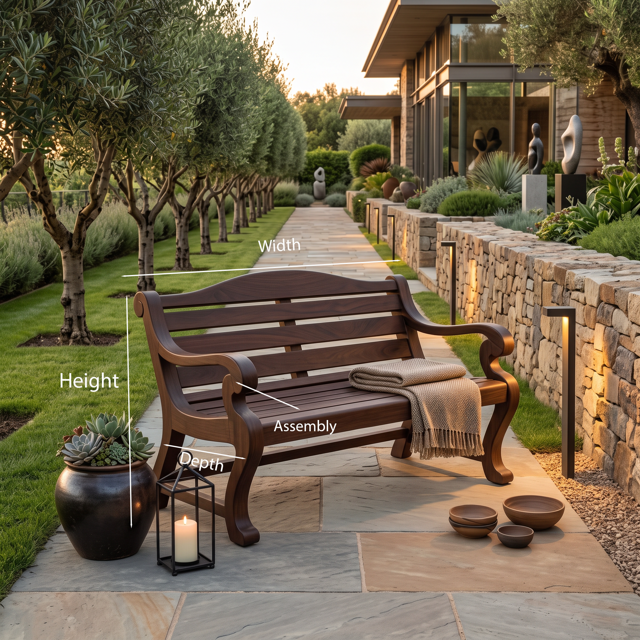 Classic Curved Wood Garden Bench With Sculpted Arms For Patio Or Entryway