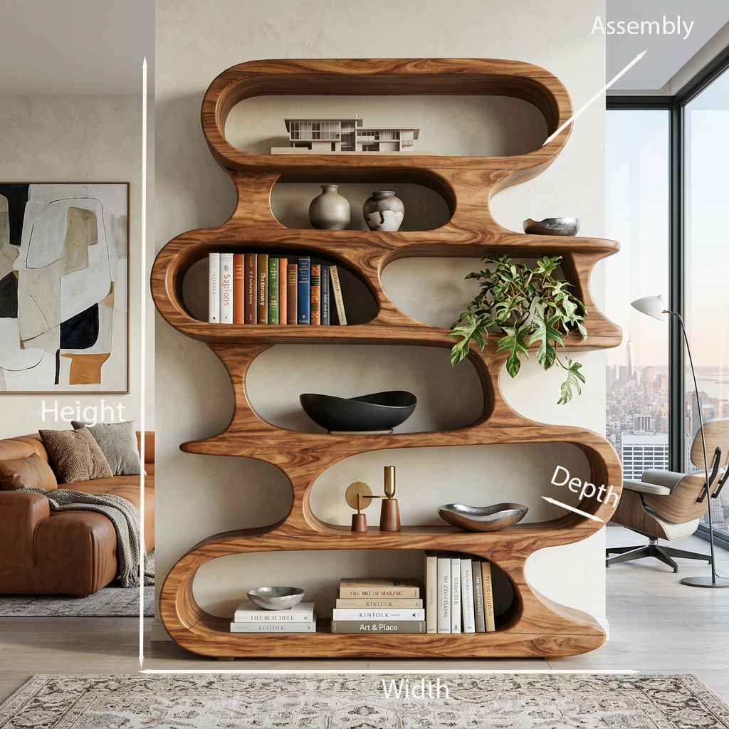 Mid Century Modern Wall Shelf With Flowing Shape For Living Room And Office