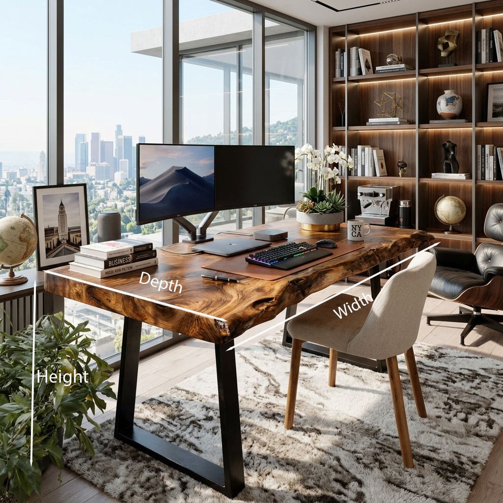 Modern Live Edge Wooden Desk With Metal Legs For Home Office Or Studio
