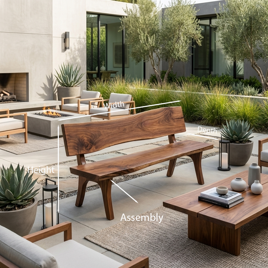 Contemporary Outdoor Wood Bench With Sculpted Back For Patio Or Courtyard