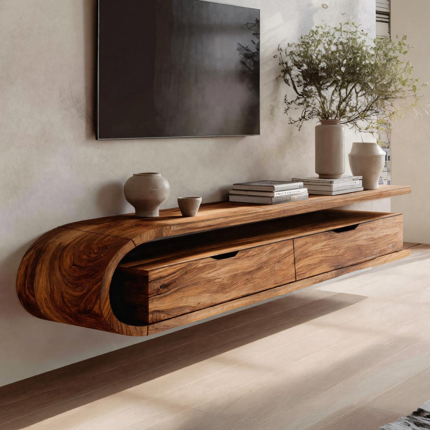 Contemporary Sculptural Wall Mounted Media Console For Living Room
