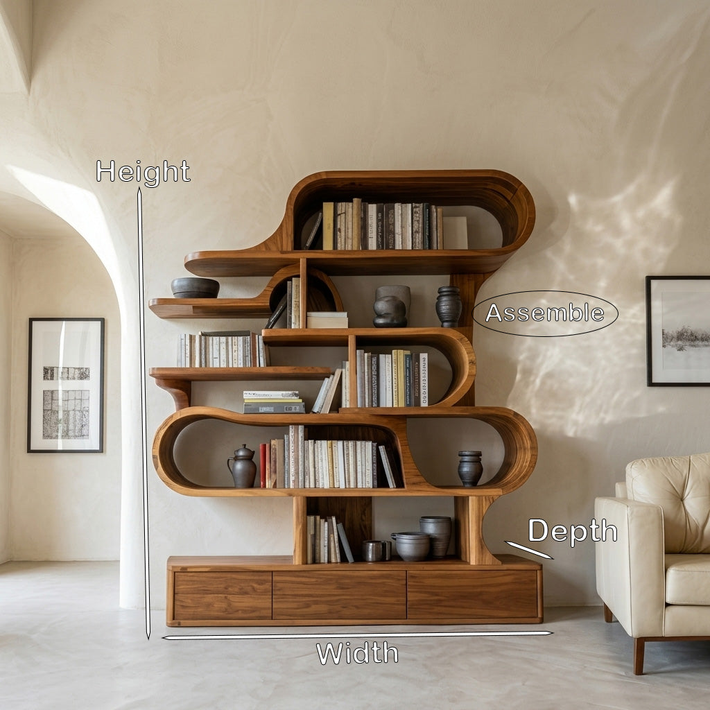 Modern Sculptural Bookshelf With Curved Design For Living Room Or Office