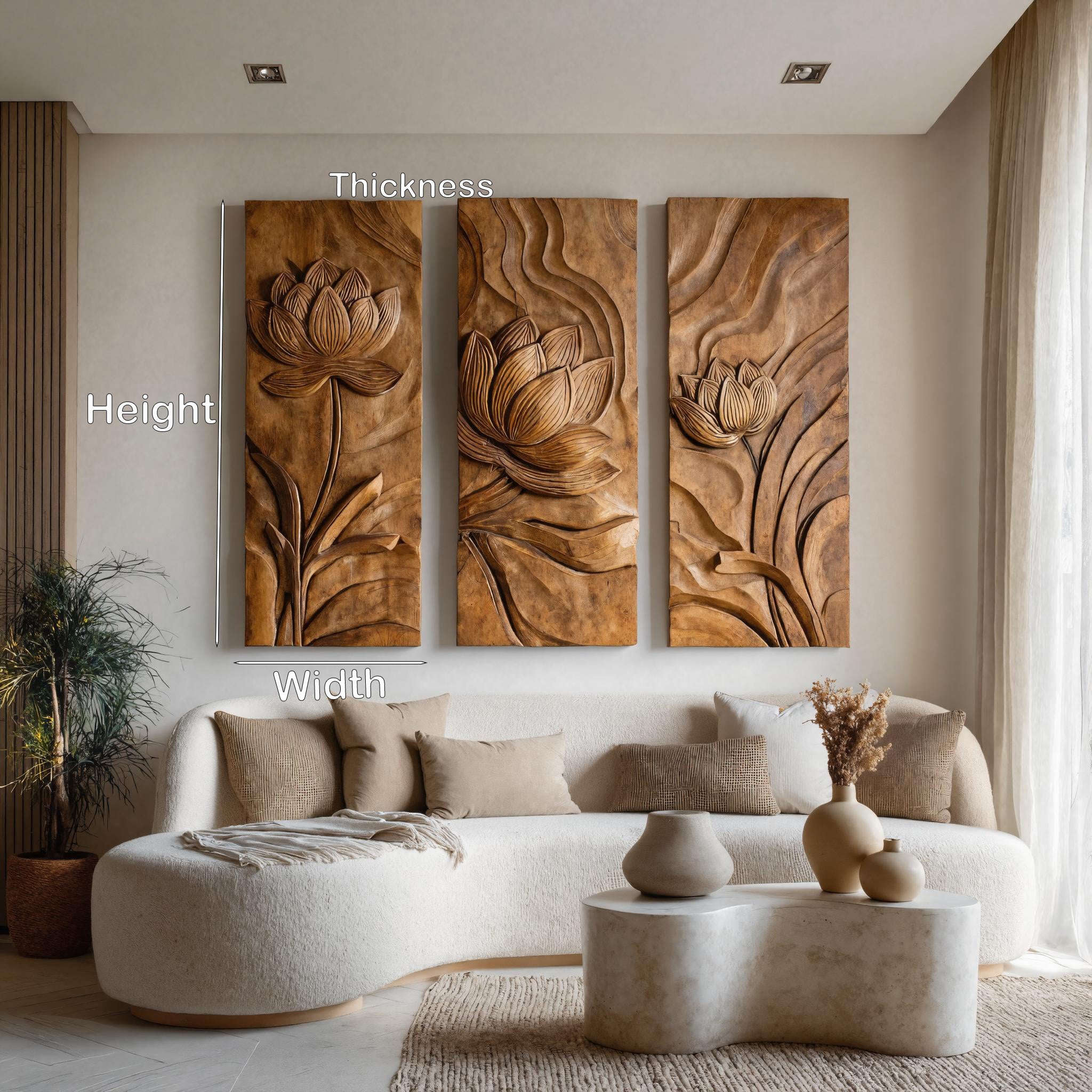 Scandinavian Minimalist Carved Wood Floral Art Set For Living Room