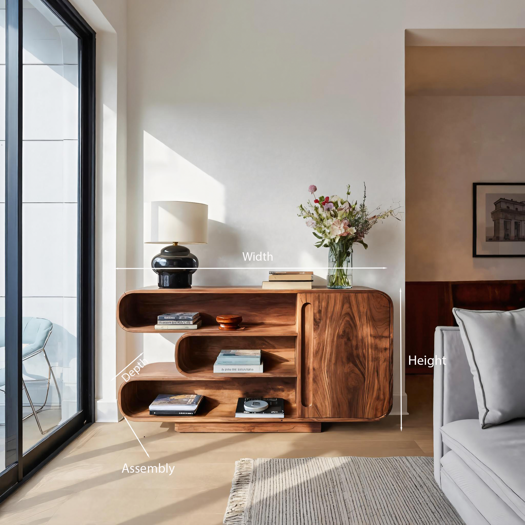 Modern Sideboard With Rounded Corners And Shelves For Living Room