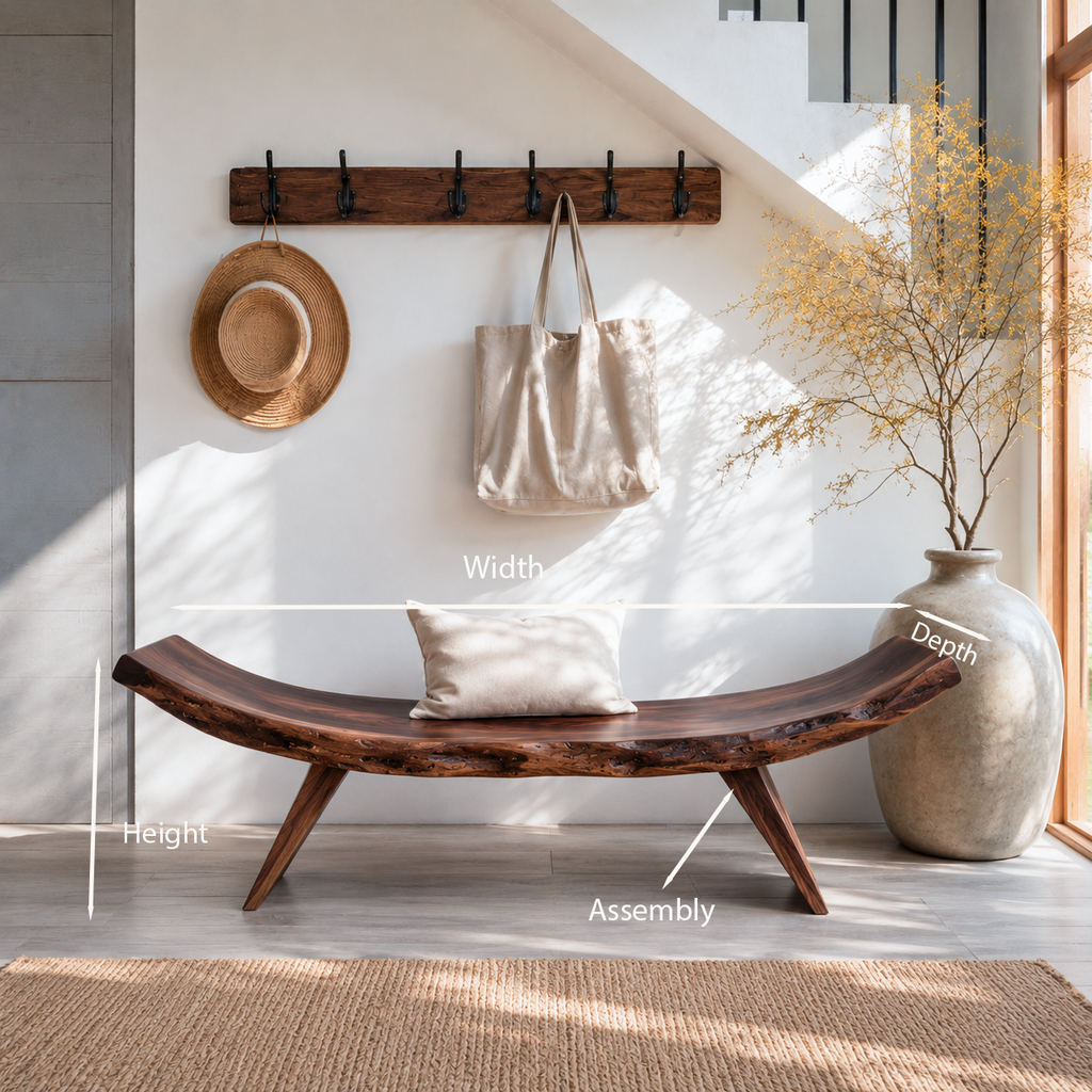 Rustic Live Edge Bench With Organic Curves For Entryway