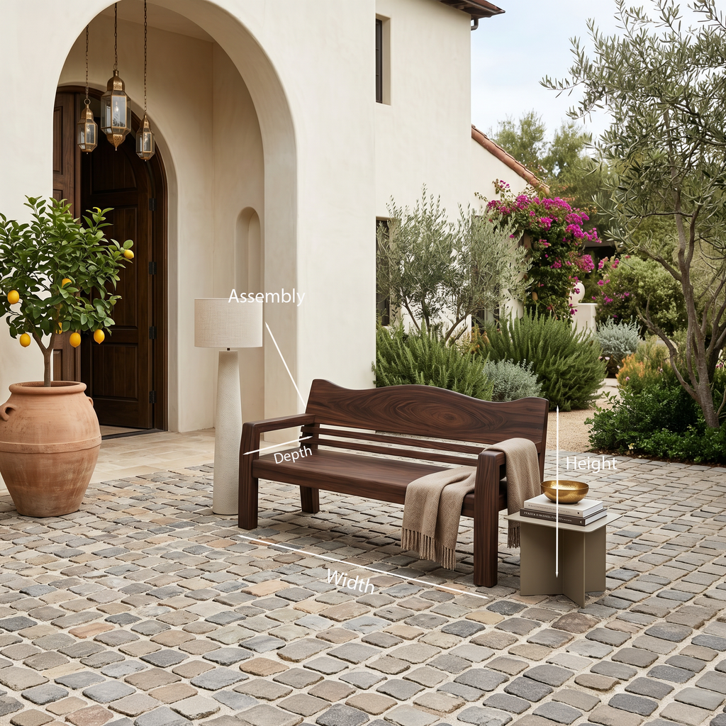 Rustic Outdoor Wooden Bench With Curved Backrest For Garden Or Porch