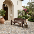 Rustic Outdoor Wooden Bench With Curved Backrest For Garden Or Porch