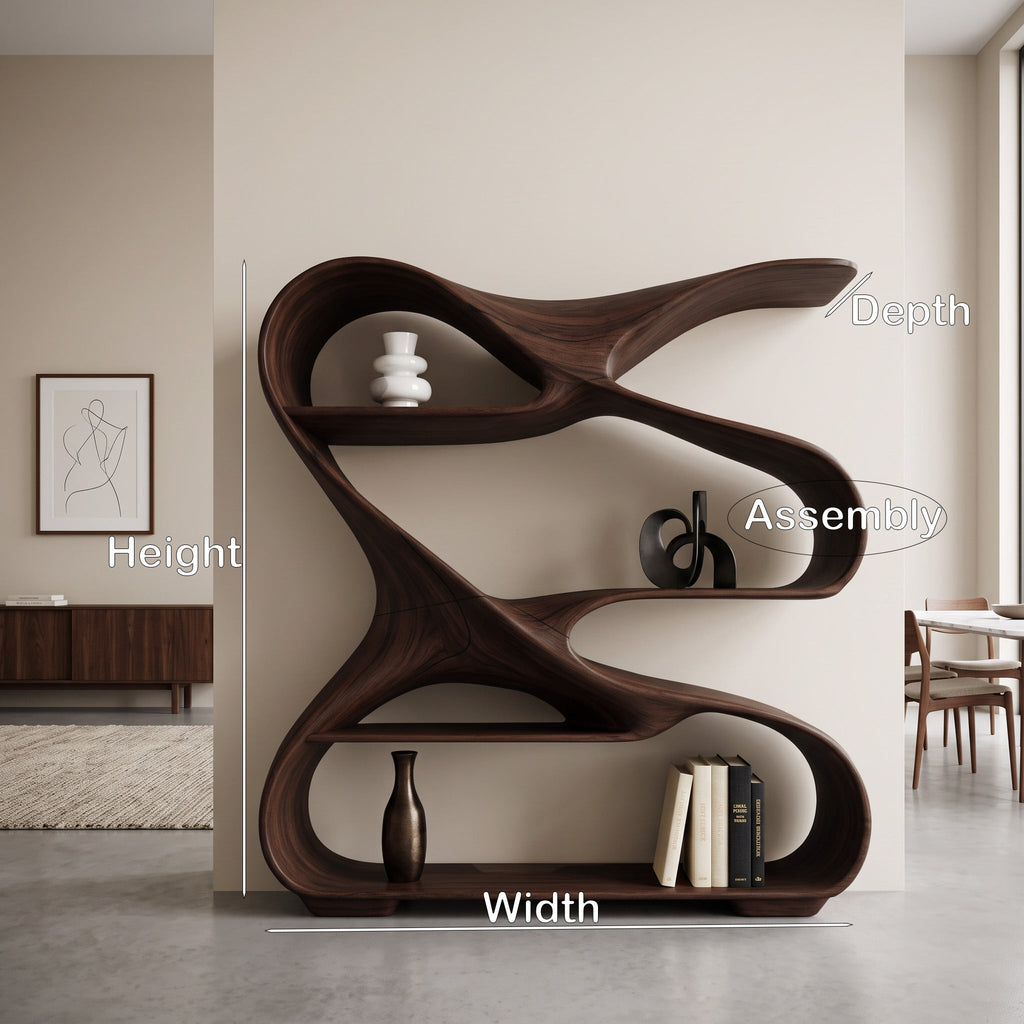 Modern Sculptural Wooden Bookshelf For Living Room Or Office Display