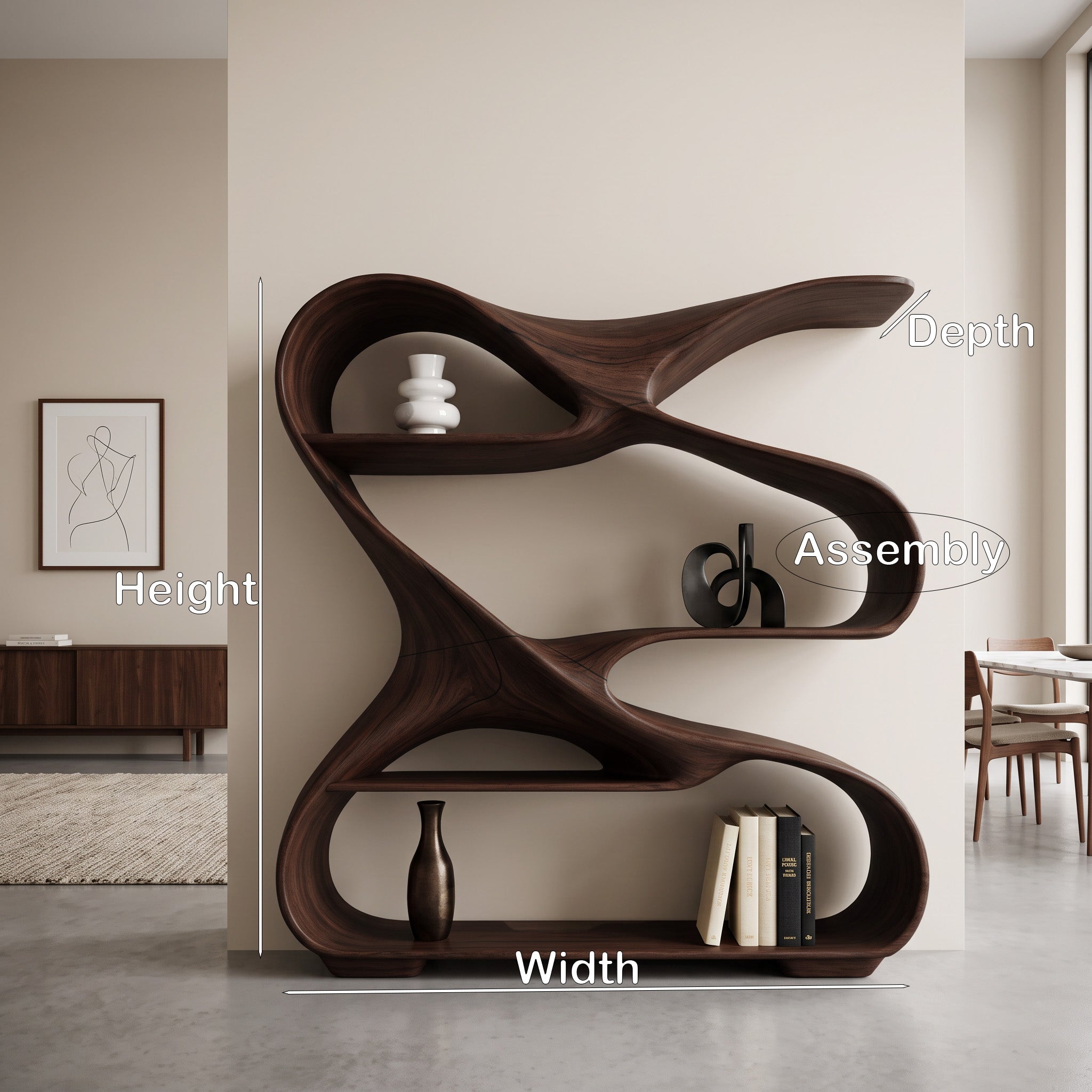 Modern Sculptural Wooden Bookshelf For Living Room Or Office Display