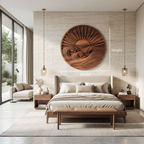 Round Wall Art With Carved Sun And Waves For Bedroom
