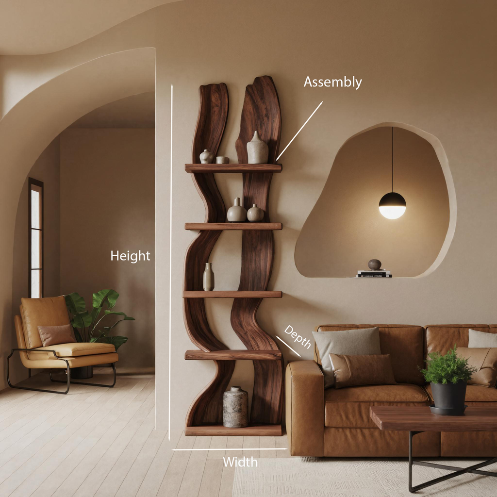 Modern Rustic Standing Shelf With Curved Silhouette For Living Room