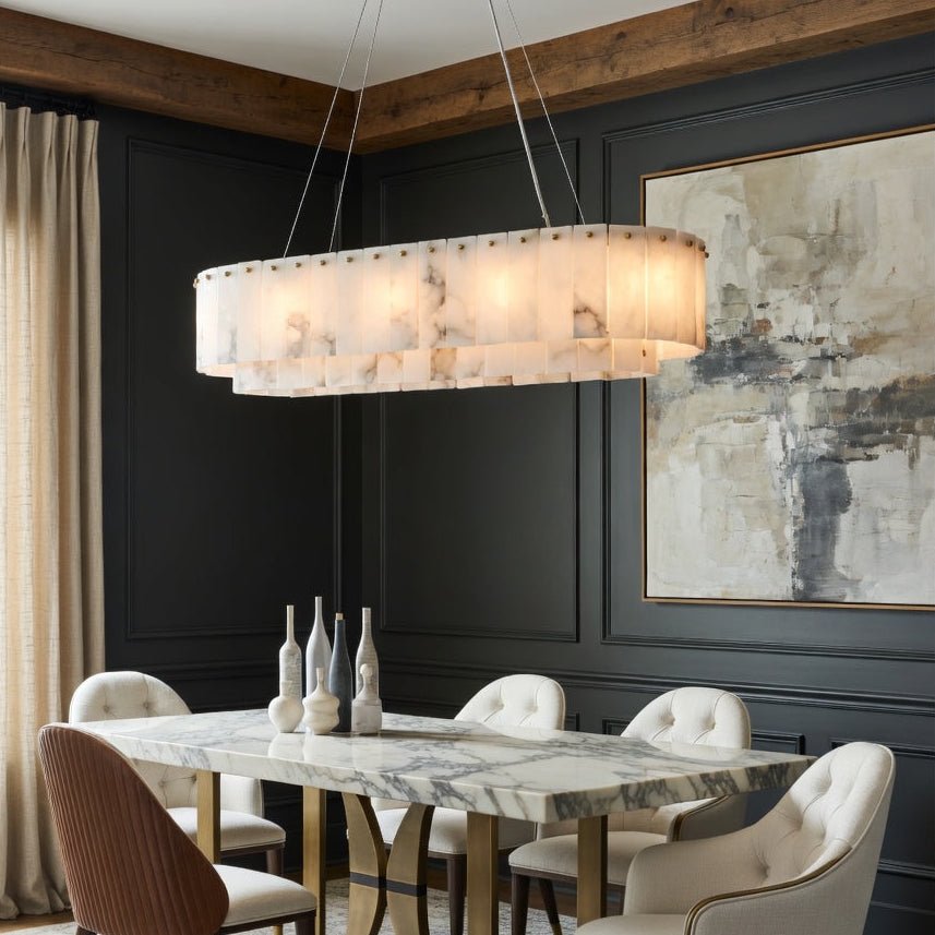 Oakley layered marble dining chandelier in natural stone and brass