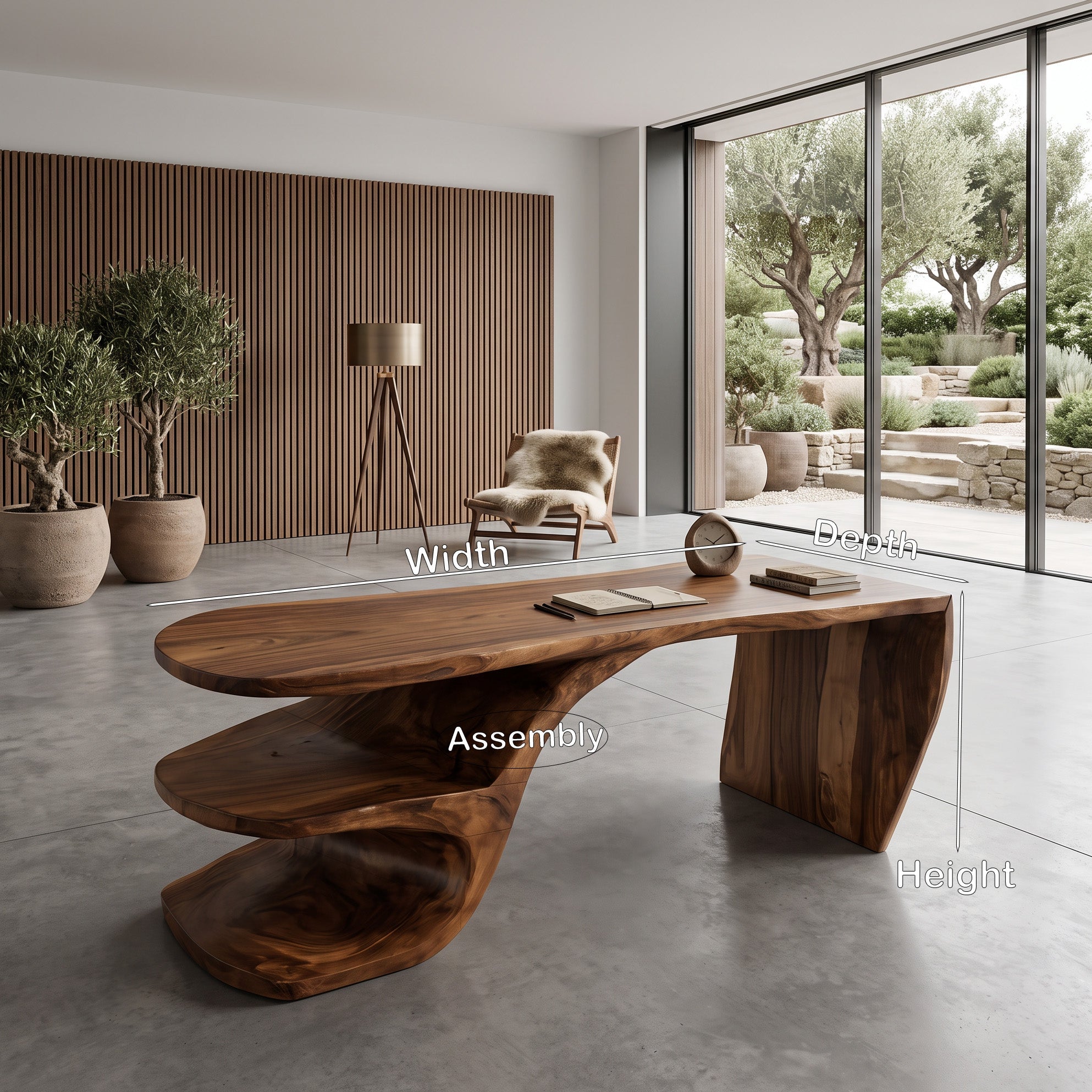 Sculptural Desk With Built-in Shelf For Home Office