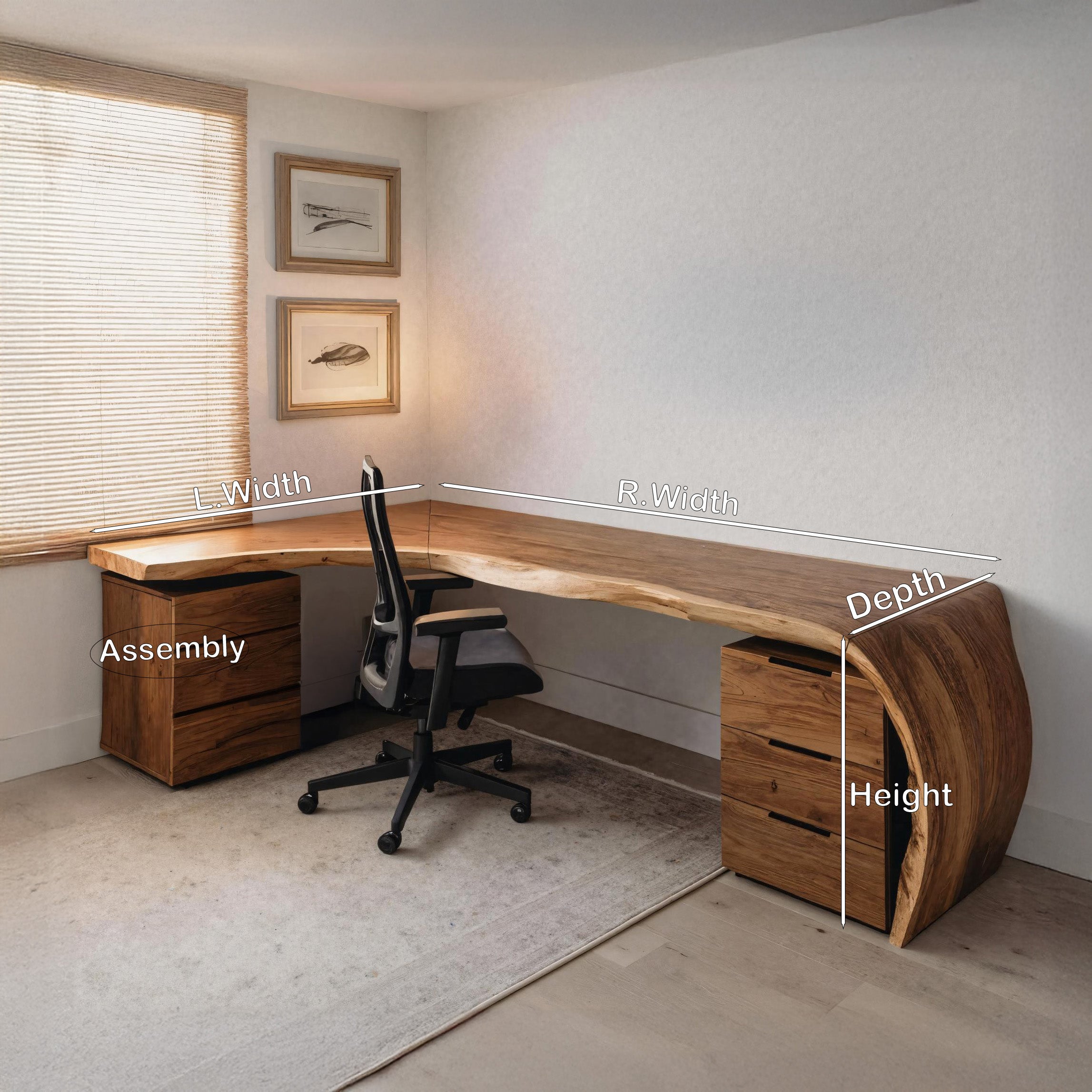 Minimalist Live Edge L Shaped Desk With Drawers For Workspace