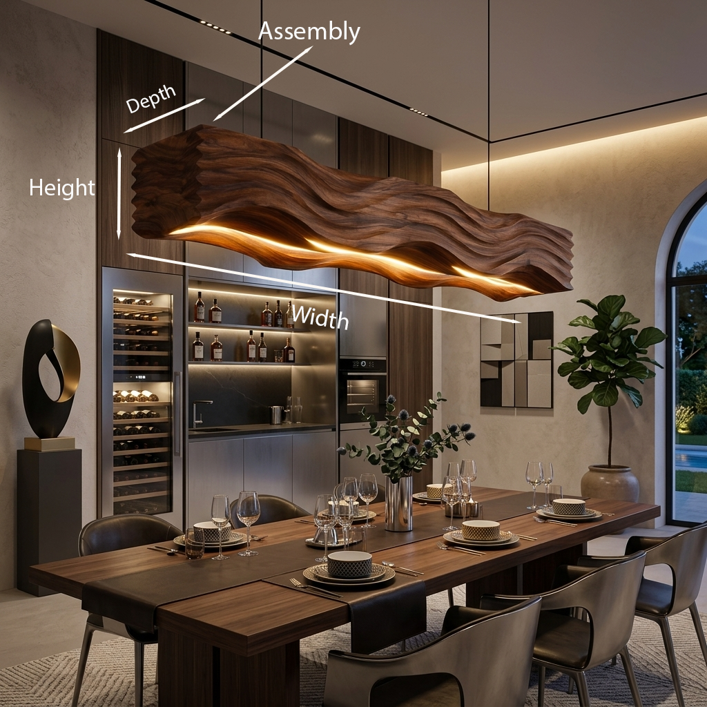Sculpted Pendant Light Featuring Flowing Wave Carving For Dining