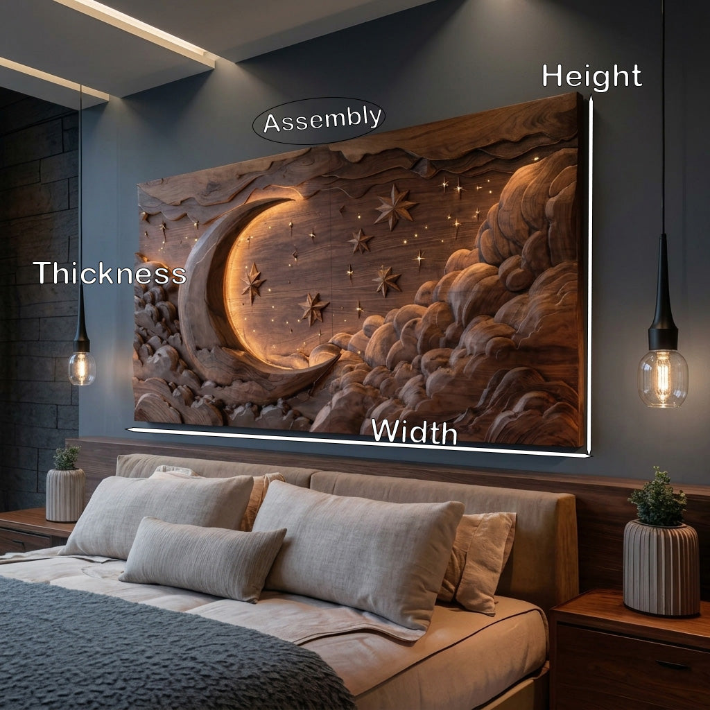 Hand Carved Wall Art Moon And Stars Panel With LED For Bedroom