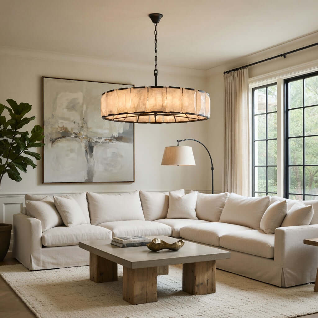Brookhill 43-inch calcite round chandelier glowing warm