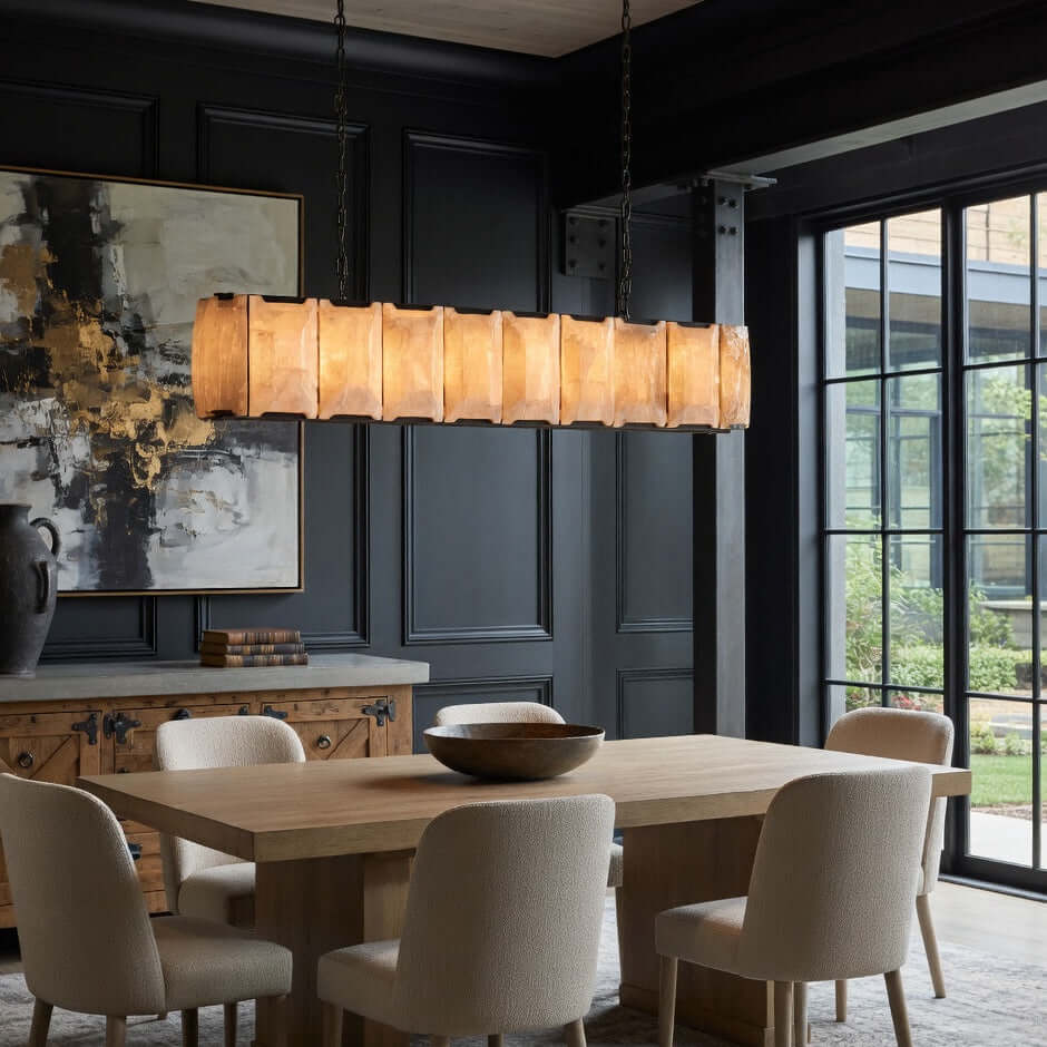 Brookhill 47-inch calcite linear chandelier on an iron frame
