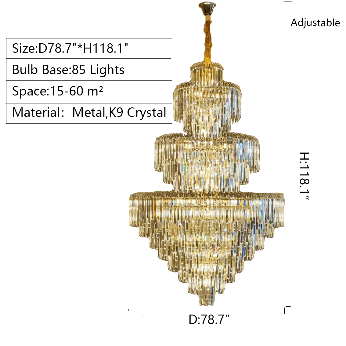 3 Layers Extra Large Living Room Chandelier Luxury Foyer Entryway Crystal Light Fixture - D78.7"*H118.1"/ 85 Lightscasivra