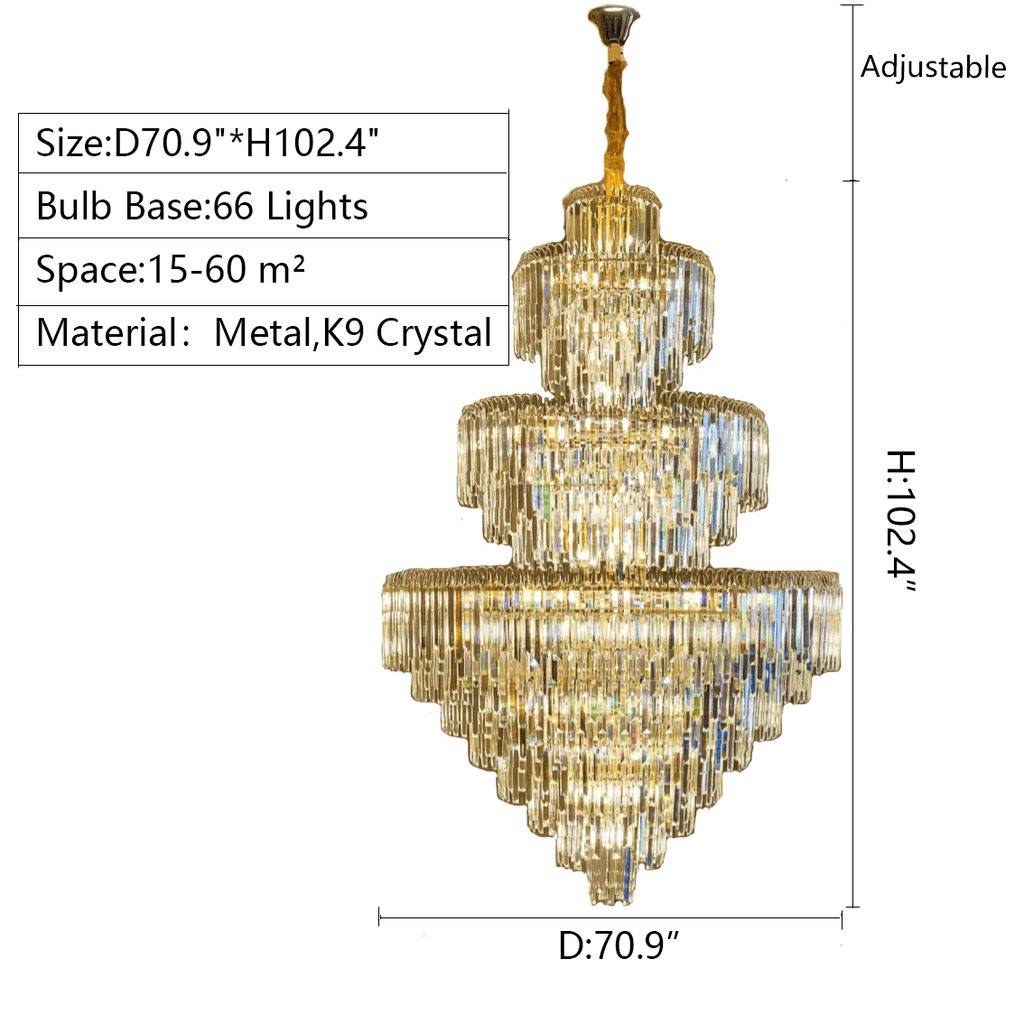 3 Layers Extra Large Living Room Chandelier Luxury Foyer Entryway Crystal Light Fixture - D70.9"*H102.4"/ 66 Lightscasivra