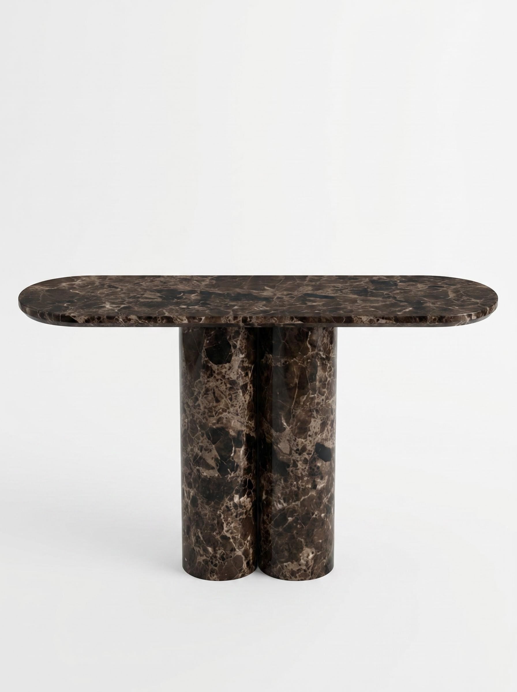 Luxury Emperador Marble Console Table with Oval Shape Top and Double Cylinder Legs