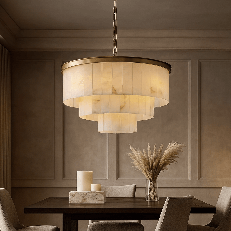 Aurora marble round chandelier illuminated over a dining table