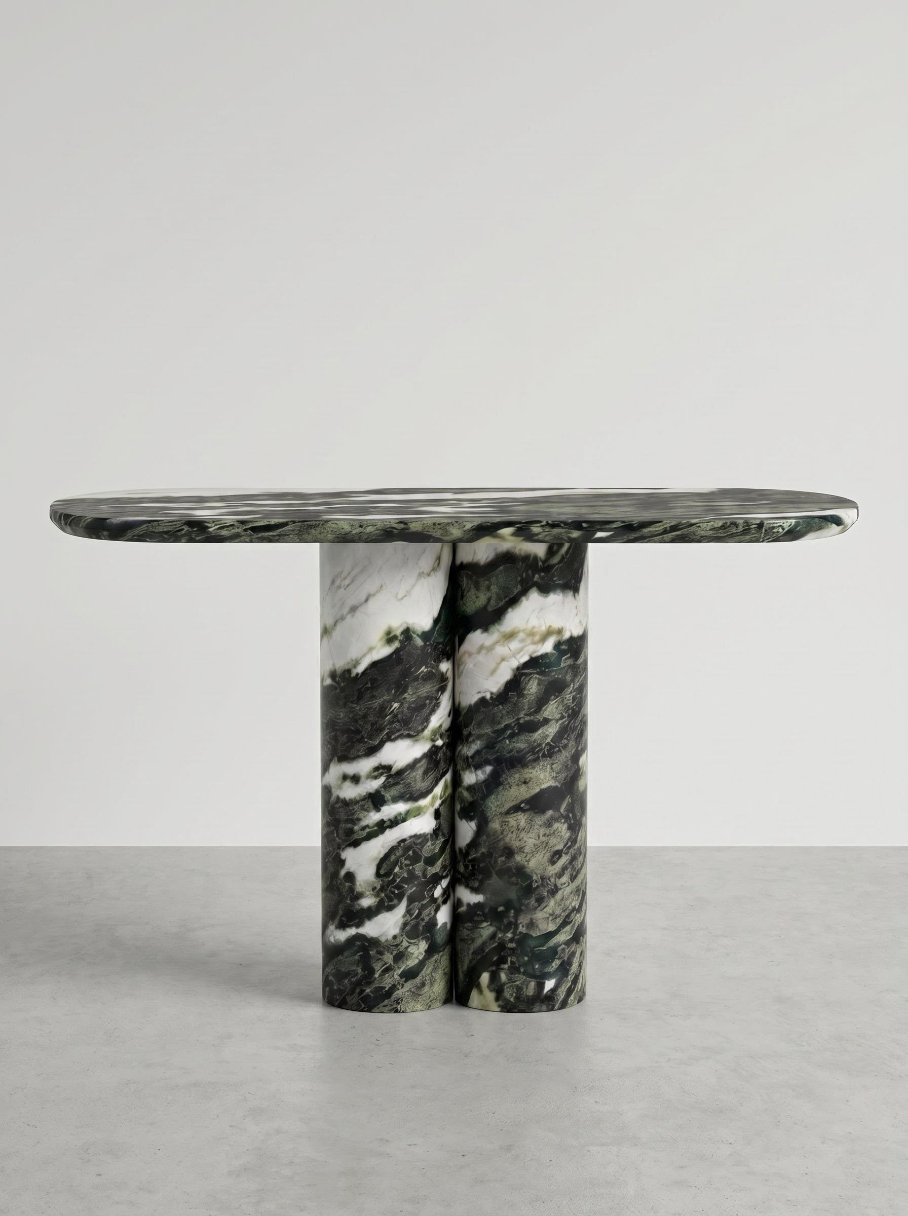 Green Forest Marble Console Table with Oval Shape Top and Double Cylinder Legs