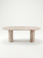 Natural Luxury Stone Oval Dining Table, One-Piece Solid Slab Cut, Unique Pink-Green Natural Veining, Sturdy Double Pedestal Base for Home Dining & Gatherings