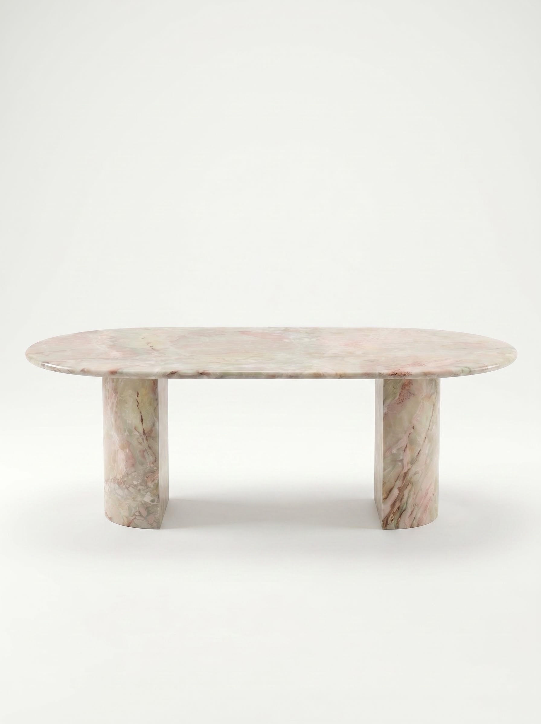Natural Luxury Stone Oval Dining Table, One-Piece Solid Slab Cut, Unique Pink-Green Natural Veining, Sturdy Double Pedestal Base for Home Dining & Gatherings