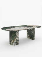 Luxury Green Forest Marble Oval Dining Table with Sculptural D-Shaped Pedestal Base