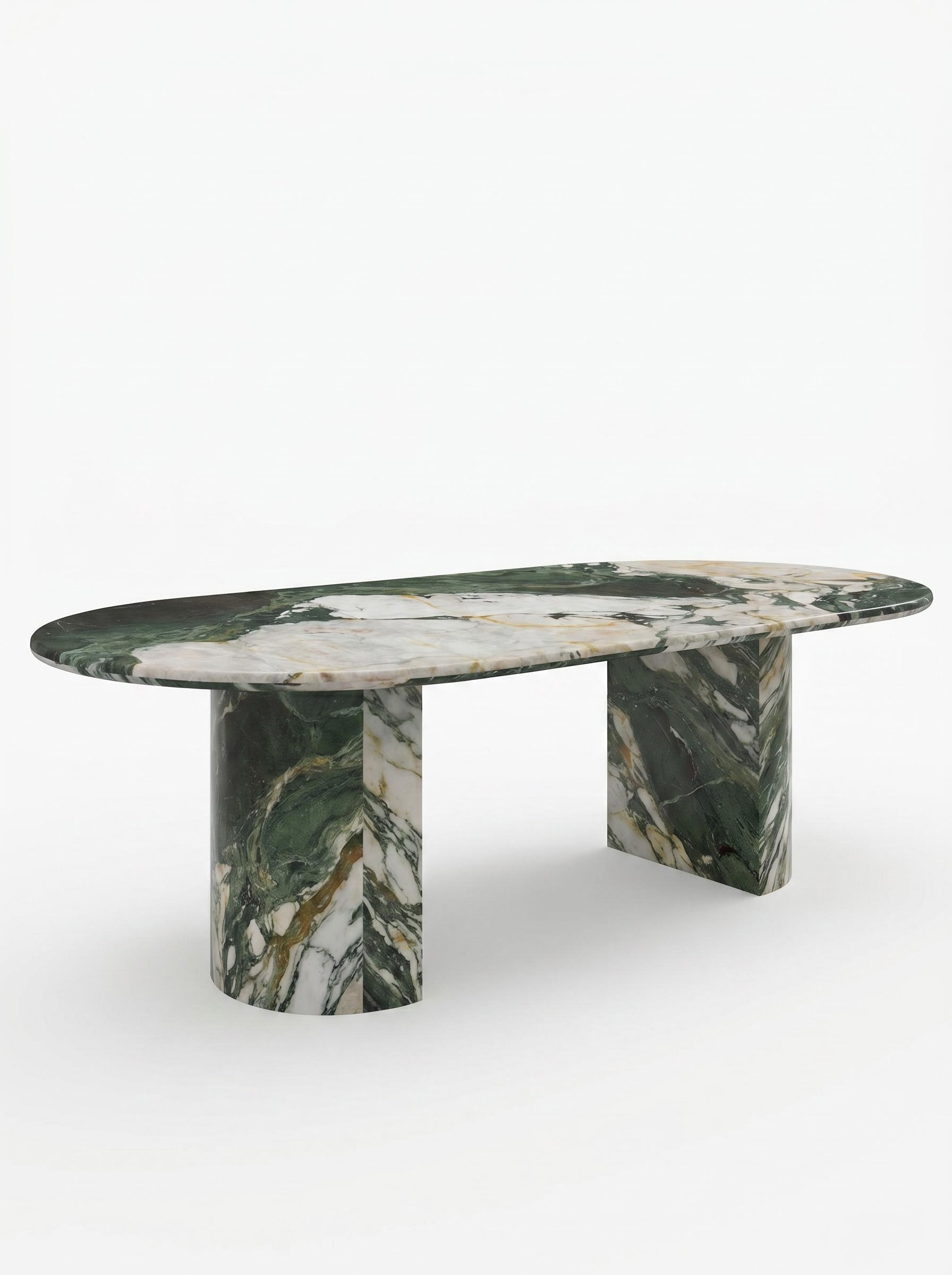 Luxury Green Forest Marble Oval Dining Table with Sculptural D-Shaped Pedestal Base