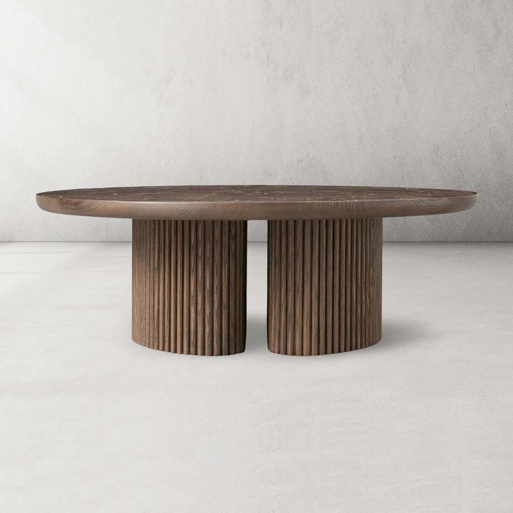 Astor Round Marble Top Coffee Table Wood Cocktail Table Reeded Oak Base Sofa Center Tea Table