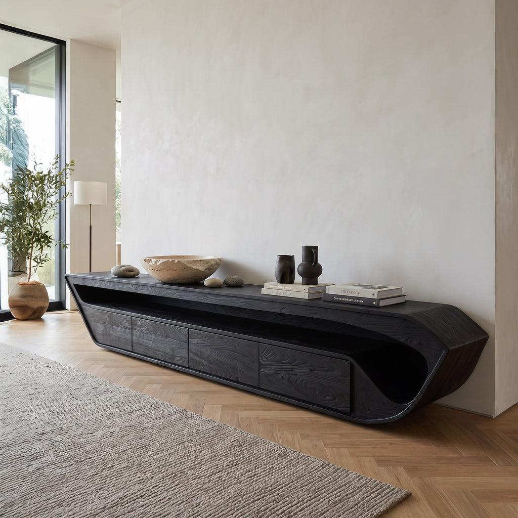 Modern Sculptural TV Console With Drawer For Living Room