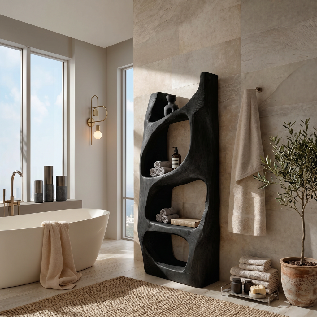 Handcrafted Sculptural Bathroom Shelf For Towels Or Spa Storage