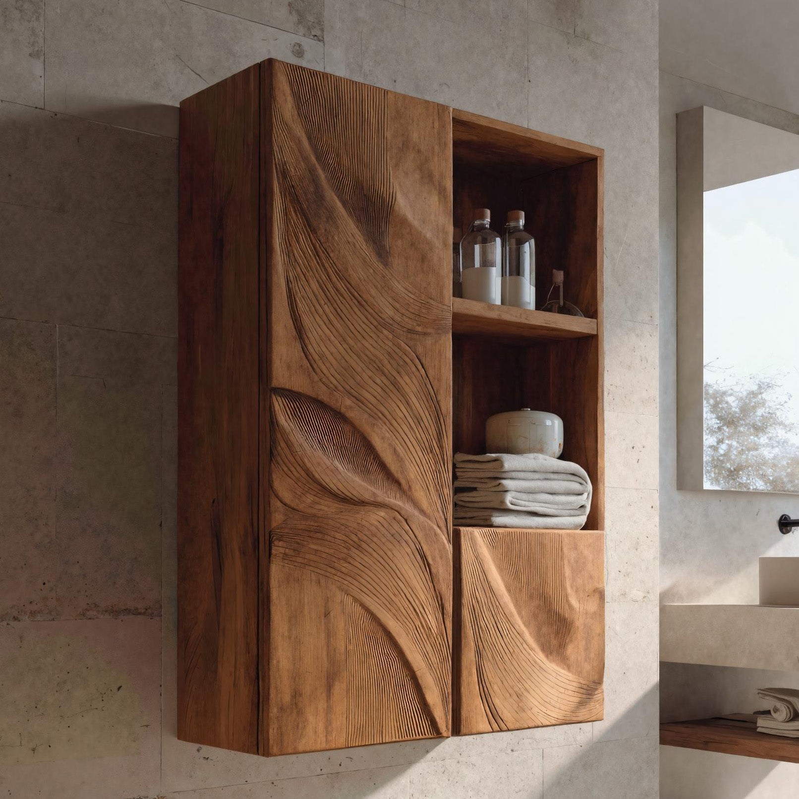 Organic Bathroom Cabinet Wave Carved Design For Bathroom