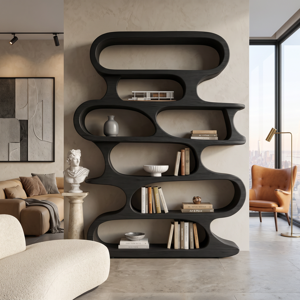 Mid Century Modern Wall Shelf With Flowing Shape For Living Room And Office