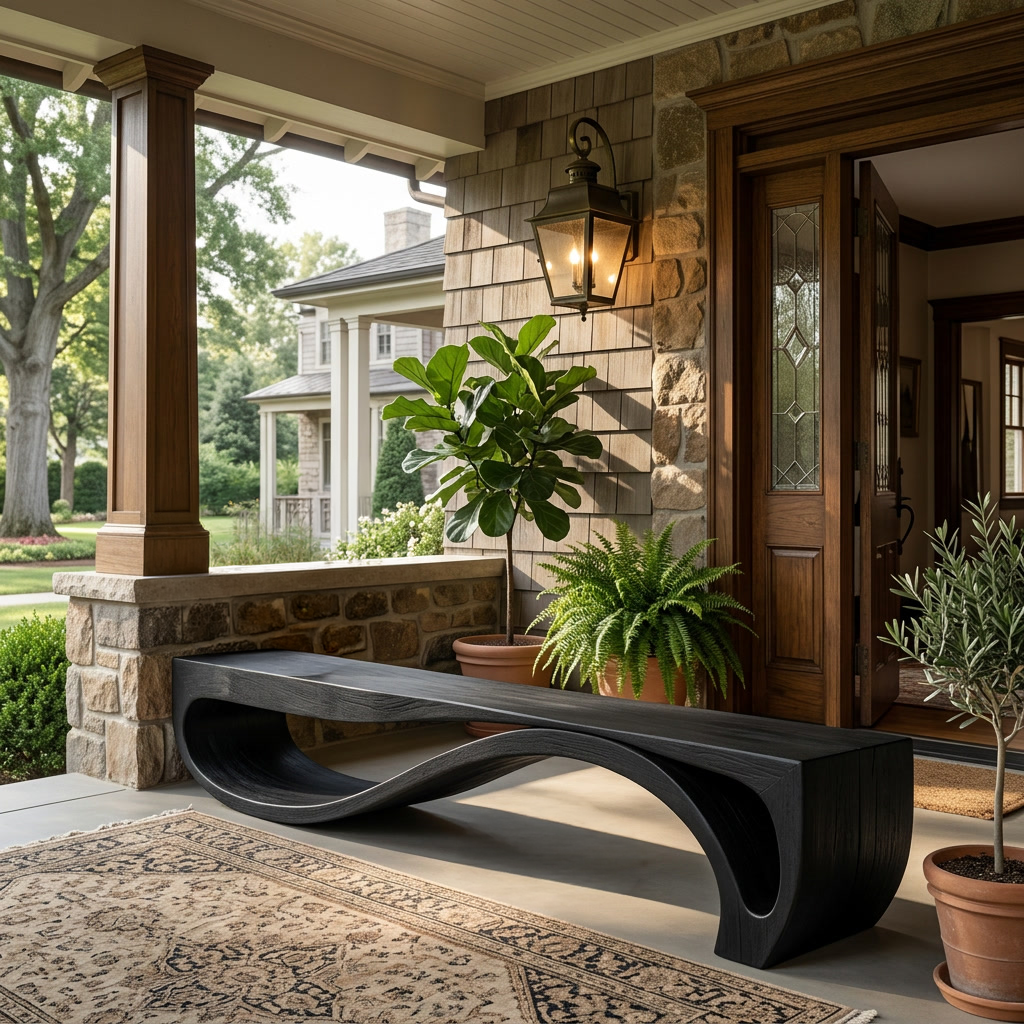 Sculptural Bench With Wave Design For Entryway