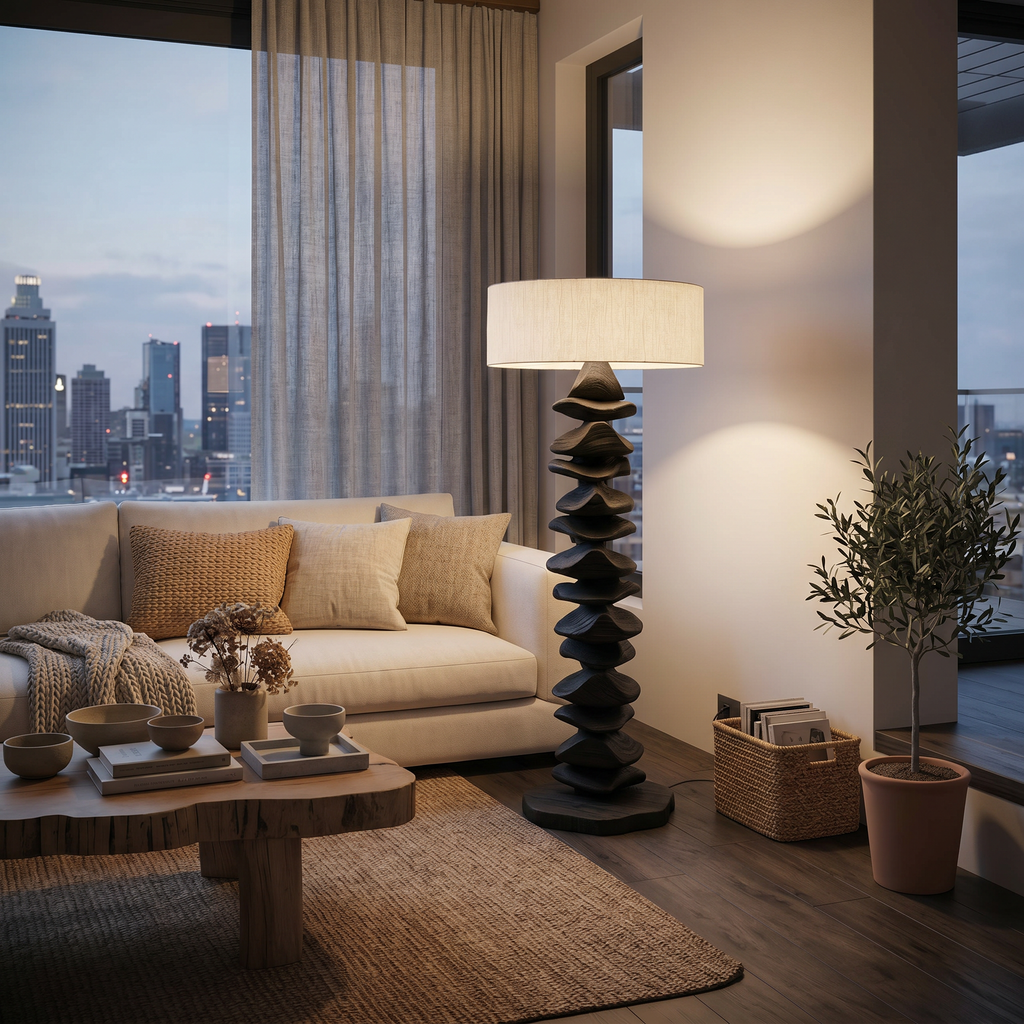 Handcrafted Sculptural Floor Lamp With Carved Base For Living Room