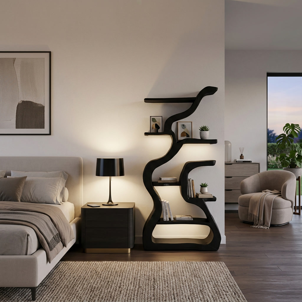 Organic Sculptural Bookshelf With Curved Design For Living Room