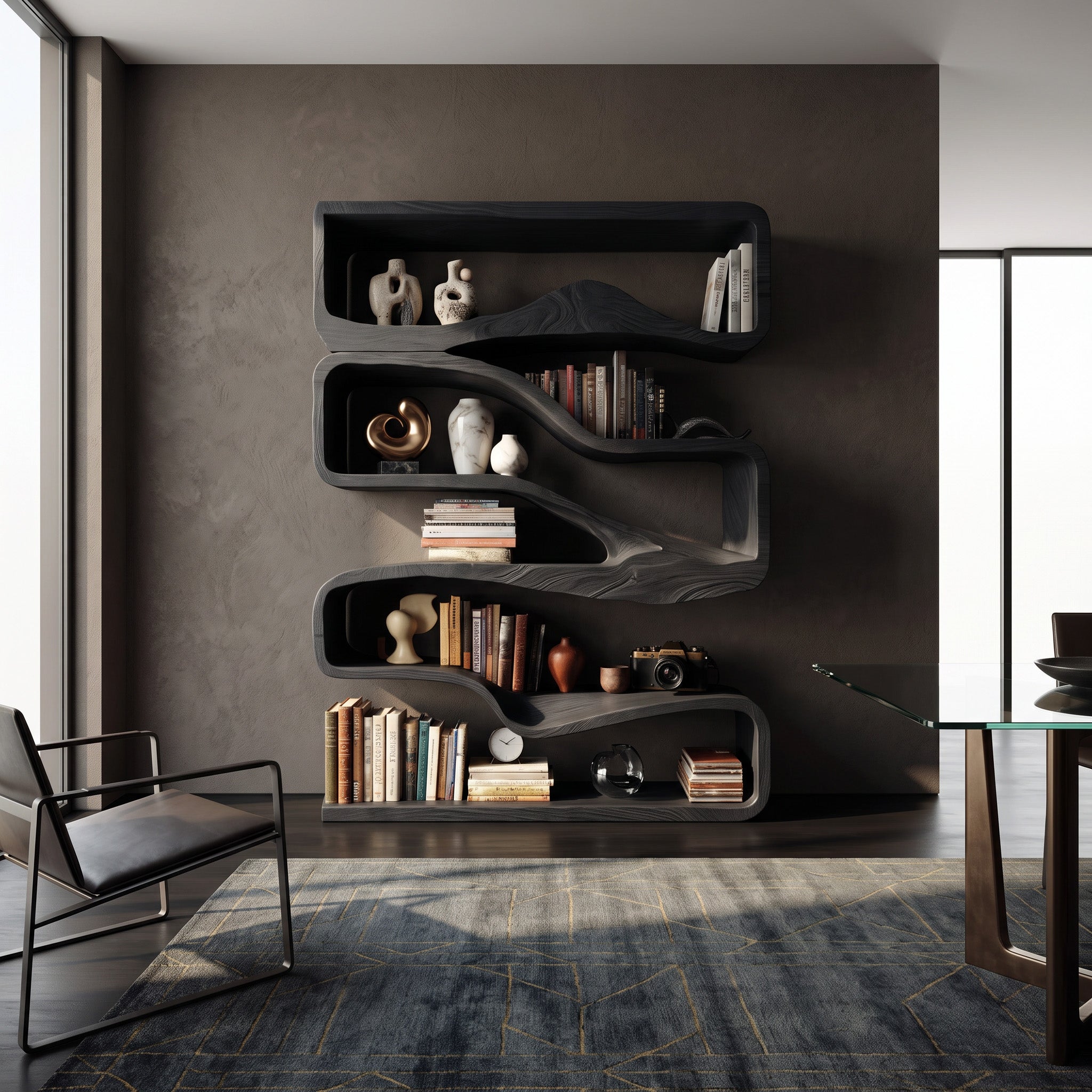 Modern Curved Bookshelf With Flowing Design For Bedroom