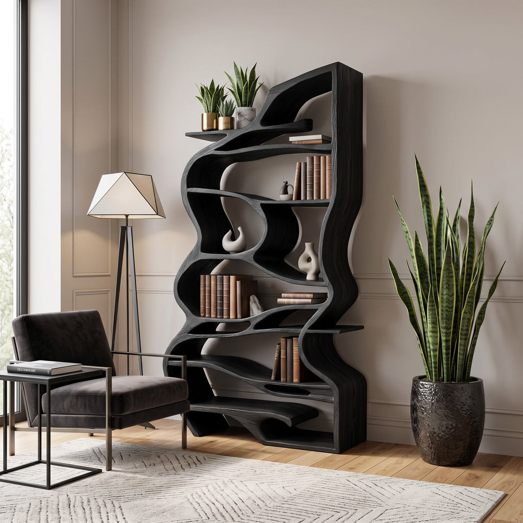 Handcrafted Sculpted Bookshelf With Organic Design For Living Room Or Office
