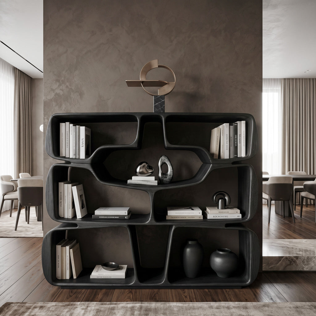 Modern Sculptural Bookshelf With Organic Curves For Living Room